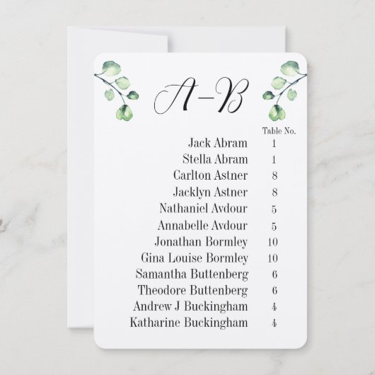 Invitation Eucalyptus Alphabetical 12 Guest Table Chart Cards (Dos)