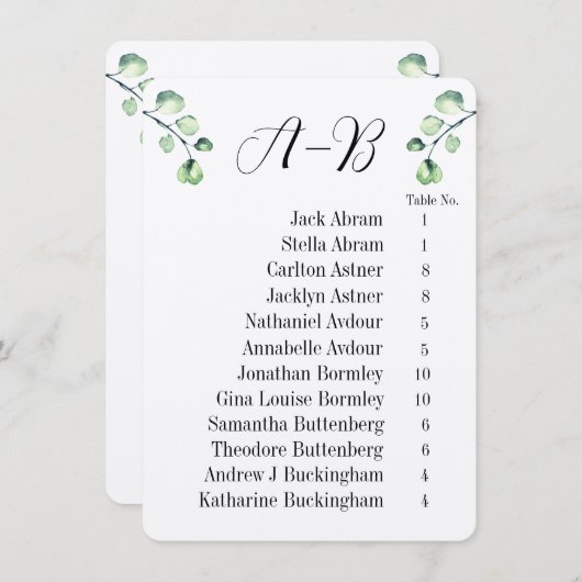Invitation Eucalyptus Alphabetical 12 Guest Table Chart Cards (Devant / Derrière)
