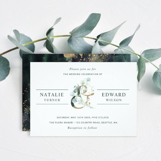 Invitation Eucalyptus Ampersand Gold Green Mariage