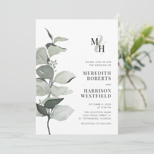 Invitation Eucalyptus Ampersand Monogram QR Code Mariage (Debout devant)
