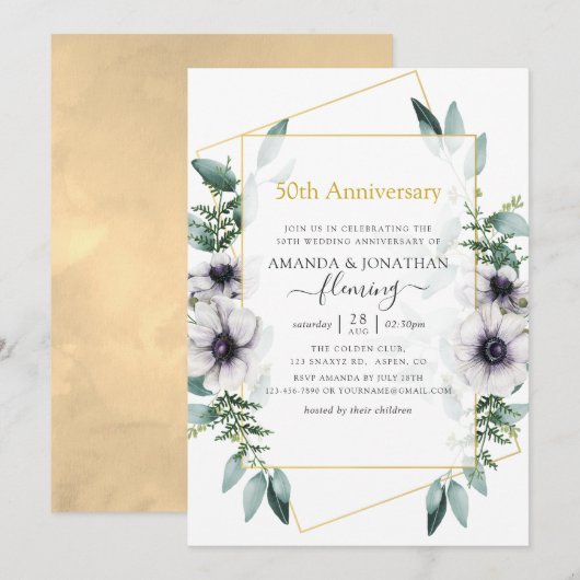 Invitation Eucalyptus Anémone Géométrique 50e Anniversaire (Devant / Derrière)