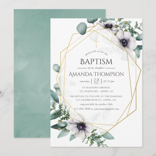 Invitation Eucalyptus Anémone Géométrique Baptême (Devant / Derrière)