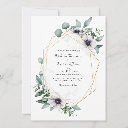 Invitation Eucalyptus Anémone Géométrique QR Code RSVP Mariag (Devant)