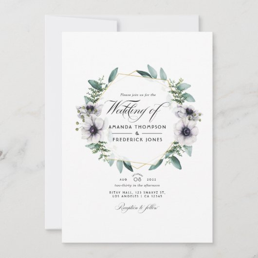 Invitation Eucalyptus Anémone Géométrique QR Code RSVP Mariag (Devant)