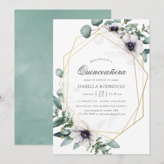 Invitation Eucalyptus Anémone géométrique Quinceañera (Devant / Derrière)