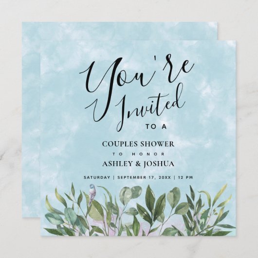 Invitation Eucalyptus Aquarelle Couples Douche (Devant / Derrière)