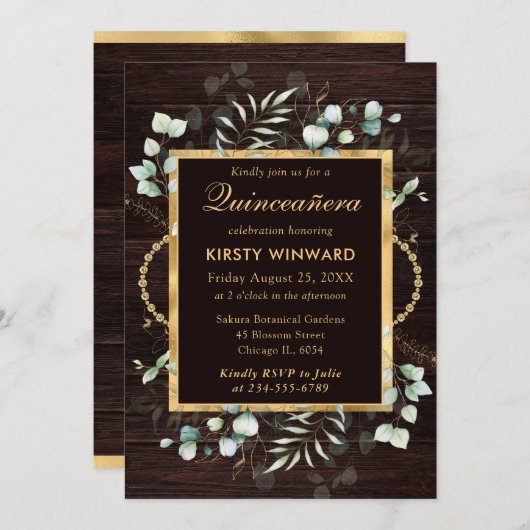 Invitation Eucalyptus aquarelle et Quinceanera verdoyante (Devant / Derrière)