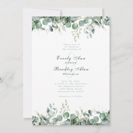 Invitation Eucalyptus Aquarelle Minimale Émeraude Sage Vert É (Devant)