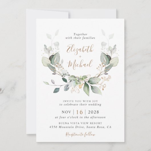 Invitation Eucalyptus Aquarelle Photo QR Code Mariage (Devant)