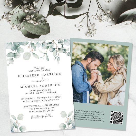 Invitation Eucalyptus Aquarelle Photo QR Code Mariage