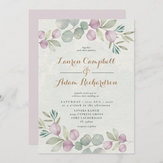 Invitation Eucalyptus Aquarelle Sage Green Mariage Invitatiat (Devant / Derrière)
