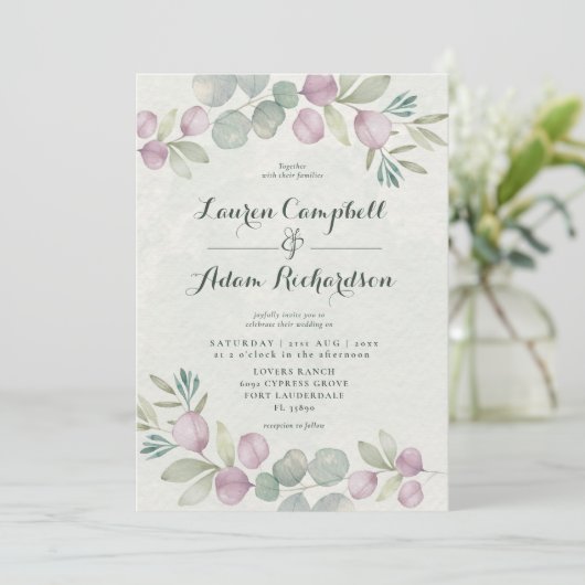 Invitation Eucalyptus Aquarelle Sage Green Mariage Invitatiat (Debout devant)