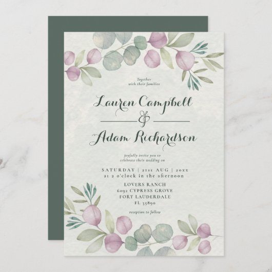 Invitation Eucalyptus Aquarelle Sage Green Mariage Invitatiat (Devant / Derrière)