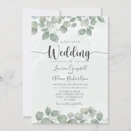 Invitation Eucalyptus aquarelle Sage Mariage vert (Devant)