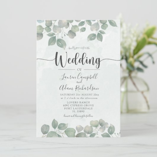 Invitation Eucalyptus aquarelle Sage Mariage vert (Debout devant)