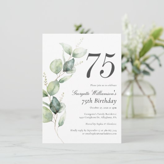 Invitation Eucalyptus Aquarelle Script 75e Anniversaire (Debout devant)