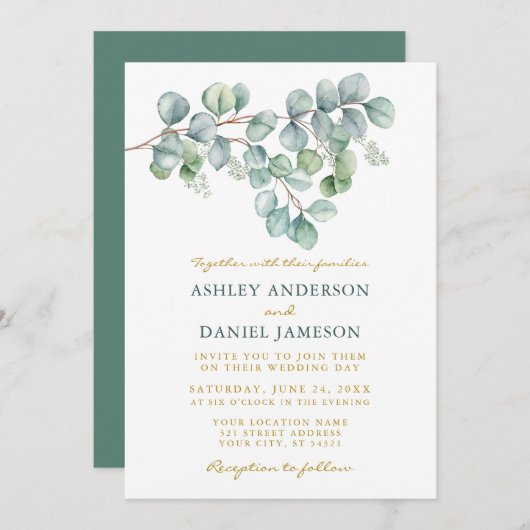 Invitation Eucalyptus Aquarelle Verdure Or Mariage (Devant / Derrière)