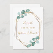Invitation Eucalyptus Aquarelle Vert Or Matron Honor (Devant / Derrière)