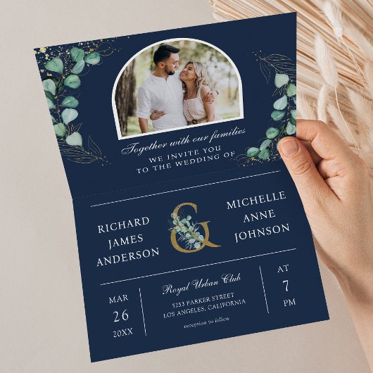 Invitation Eucalyptus Arch Photo Navy Blue QR Code Wedding