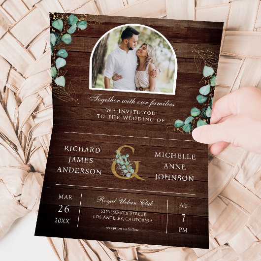 Invitation Eucalyptus Arche Photo Bois Rustique Code QR Maria