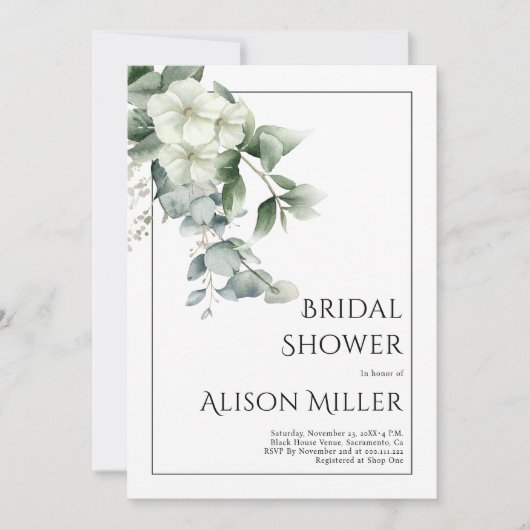 Invitation Eucalyptus avec fleurs blanches douche nuptiale (Devant)