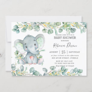 Invitation Eucalyptus Baby shower éléphant vert Neutre