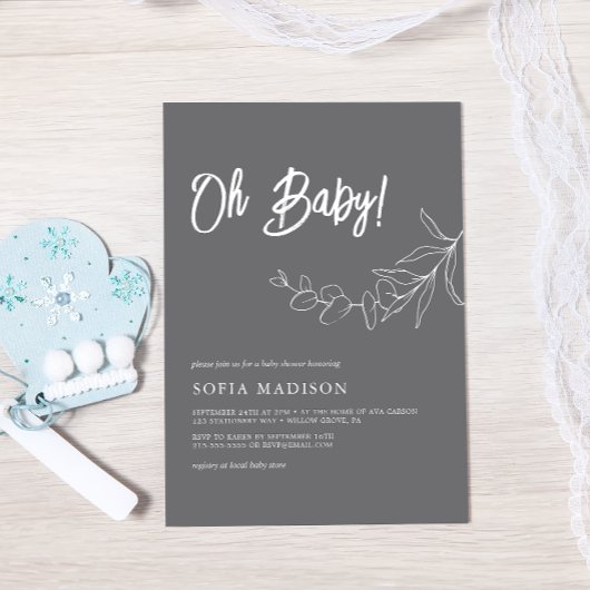 Invitation EUCALYPTUS Baby shower gris minimaliste