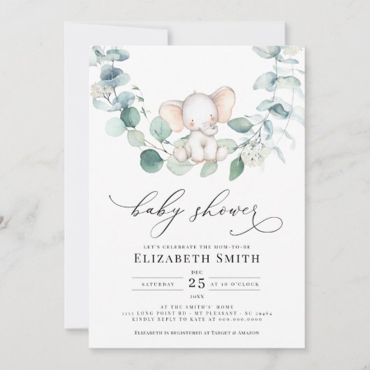 Invitation Eucalyptus Baby shower vert arachide éléphant (Devant)