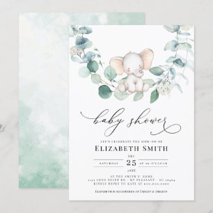 Invitation Eucalyptus Baby shower vert arachide éléphant