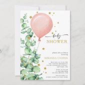 Invitation Eucalyptus Balloon Baby Girl Douche étoiles d'or (Devant)