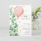 Invitation Eucalyptus Balloon Baby Girl Douche étoiles d'or (Debout devant)