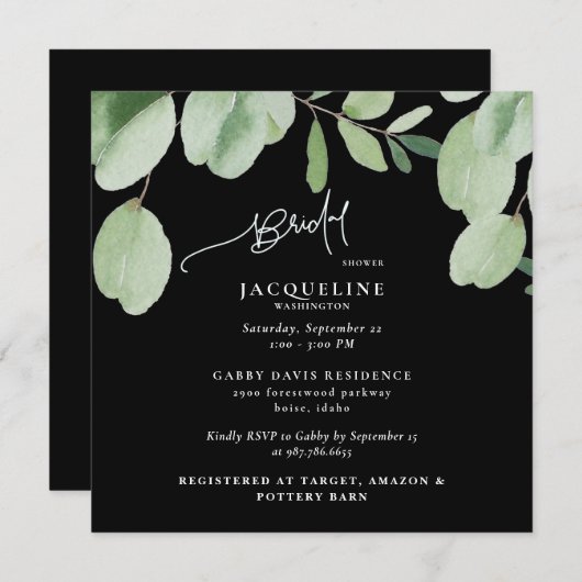 Invitation Eucalyptus Black Bridal Shower (Devant / Derrière)