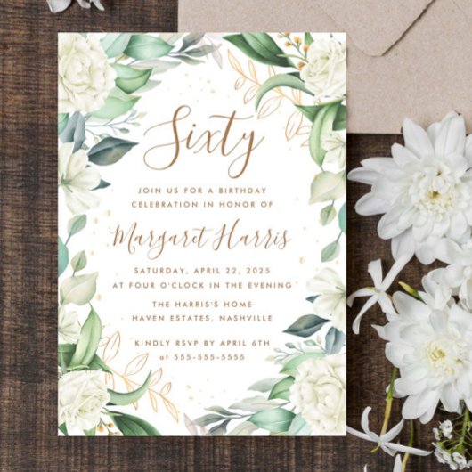 Invitation Eucalyptus Blanc Or Floral 60e Soixante Anniversai