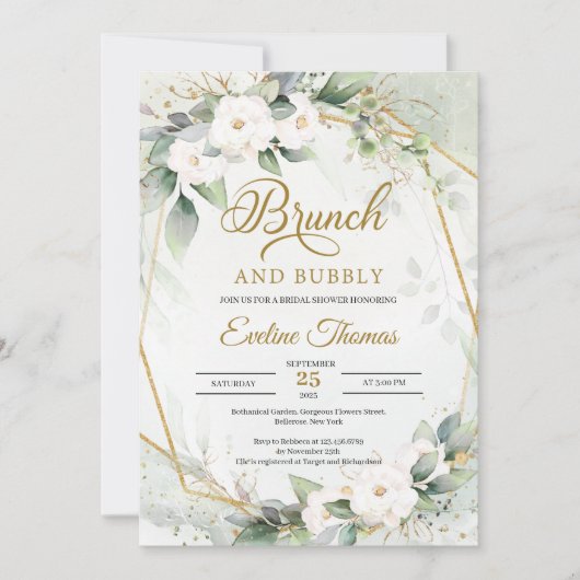 Invitation Eucalyptus blanc roses brunch or et bulle (Devant)