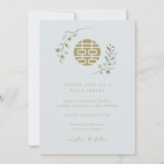 Invitation Eucalyptus Bleu Dusty Élégant Mariage chinois (Devant)