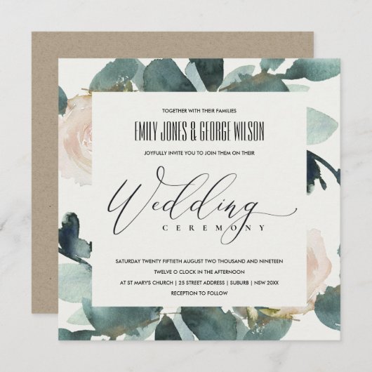INVITATION EUCALYPTUS BLUSH ROSE FOLIAGE MARIAGE WATERCOLOR (Devant / Derrière)