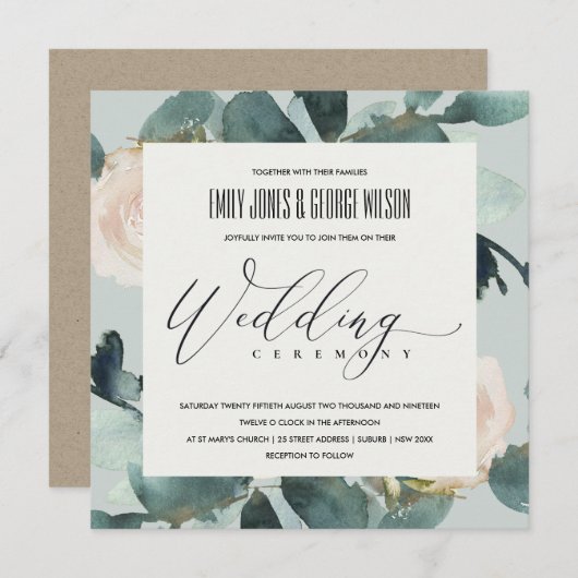 INVITATION EUCALYPTUS BLUSH ROSE GRAS KRAFT FOLIAGE MARIAGE (Devant / Derrière)