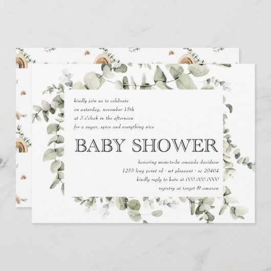 Invitation Eucalyptus Boho Arc-en-ciel Baby shower neutre ent (Devant / Derrière)