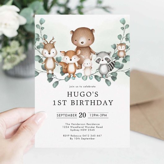 Invitation Eucalyptus Bois Animaux Végétation 1er Anniversair