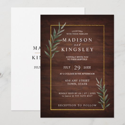 Invitation Eucalyptus Bois Rectangle de mur Mariage moderne (Devant / Derrière)