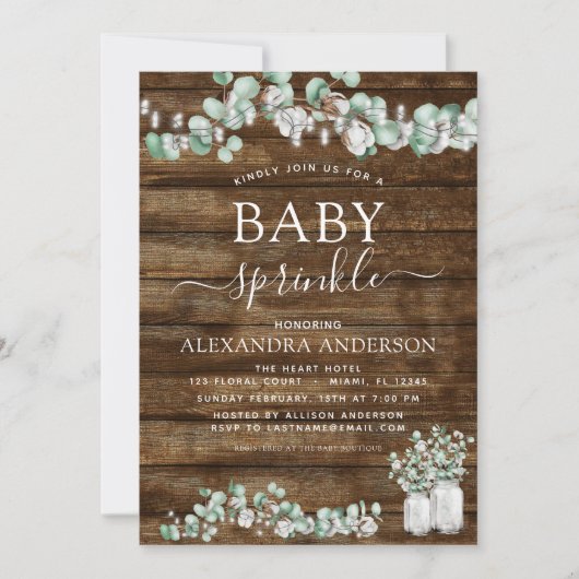 Invitation Eucalyptus Bois Rustique Bébé Éclairage Jar (Devant)