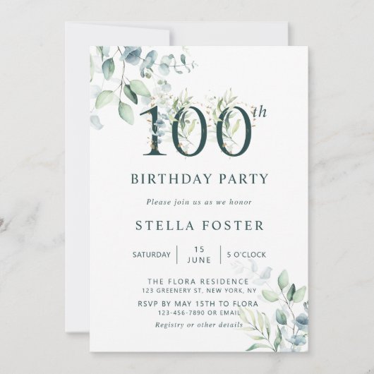 Invitation Eucalyptus Botanical 100e fête d'anniversaire (Devant)