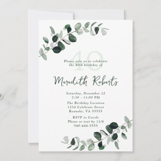 Invitation Eucalyptus Botanical Greenery 40e anniversaire (Devant)