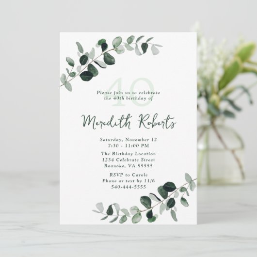 Invitation Eucalyptus Botanical Greenery 40e anniversaire (Debout devant)