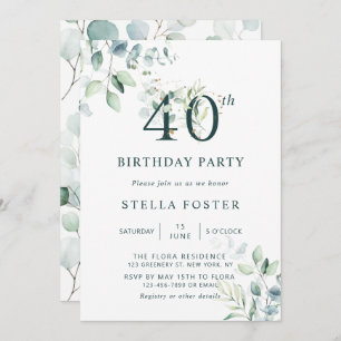 Invitation Eucalyptus Botanical Number 40th Birthday Party