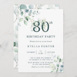 Invitation Eucalyptus Botanical Number 80th Birthday Party<br><div class="desc">Cette invitation à la fête de 70e anniversaire présente des eucalyptus peints à l'aquarelle et des feuilles verts avec des numéros botaniques vert et or.</div>