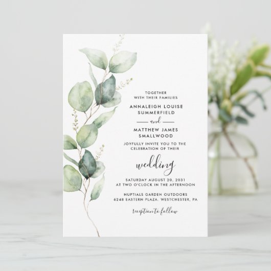 Invitation Eucalyptus Botanical QR Code Mariage minimal (Debout devant)