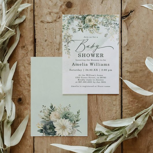 Invitation Eucalyptus Botanique Aquarelle Baby shower vert