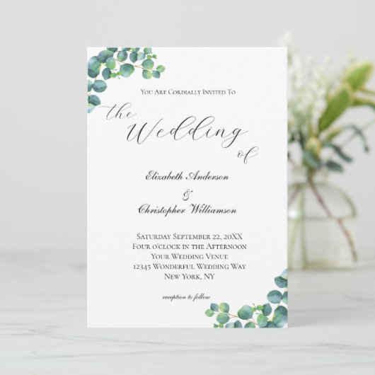 Invitation Eucalyptus Botanique Élégant Script Mariage modern (Debout devant)