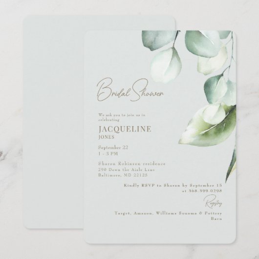 Invitation Eucalyptus Botanique Sage Élégante Fête des mariée (Devant / Derrière)